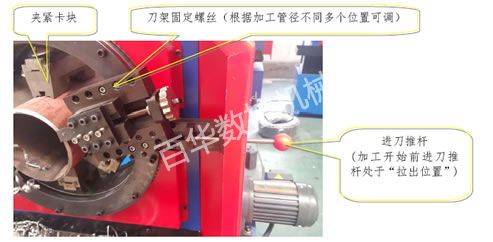 刀架固定螺丝（根据加工管径不同多个位置可调）   夹紧卡块 